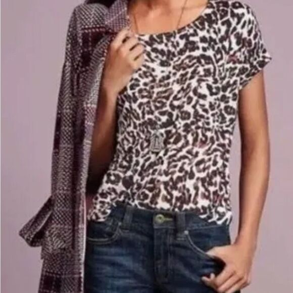 CAbi Black and Brown Boxy Short Sleeve Animal Print Blouse - Picture 1 of 6
